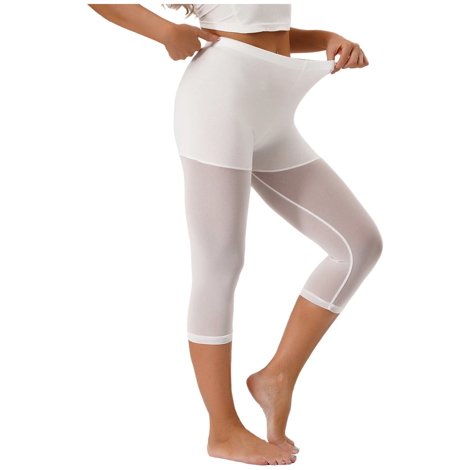 กางเกงเลกกิ้งผู้หญิงเอวยางยืดยาวระดับเข่า สีพื้น แต่งผ้าตาข่ายซีทรู ป้องกันการโป๊ะ สำหรับออกกำลังกาย โยคะ และเล่นกีฬา