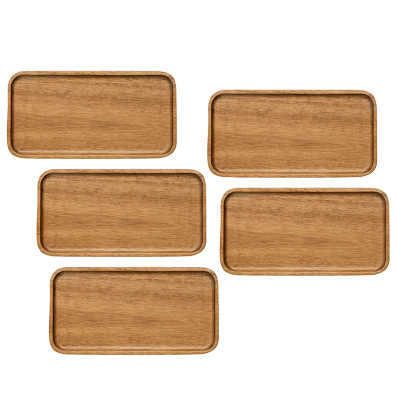 

5X Acacia Serving Tray, Rectangular Solid Wood Flat Bottom Plate, Fruit Plate, Saucer, Tea Tray, Dessert Plate-Small