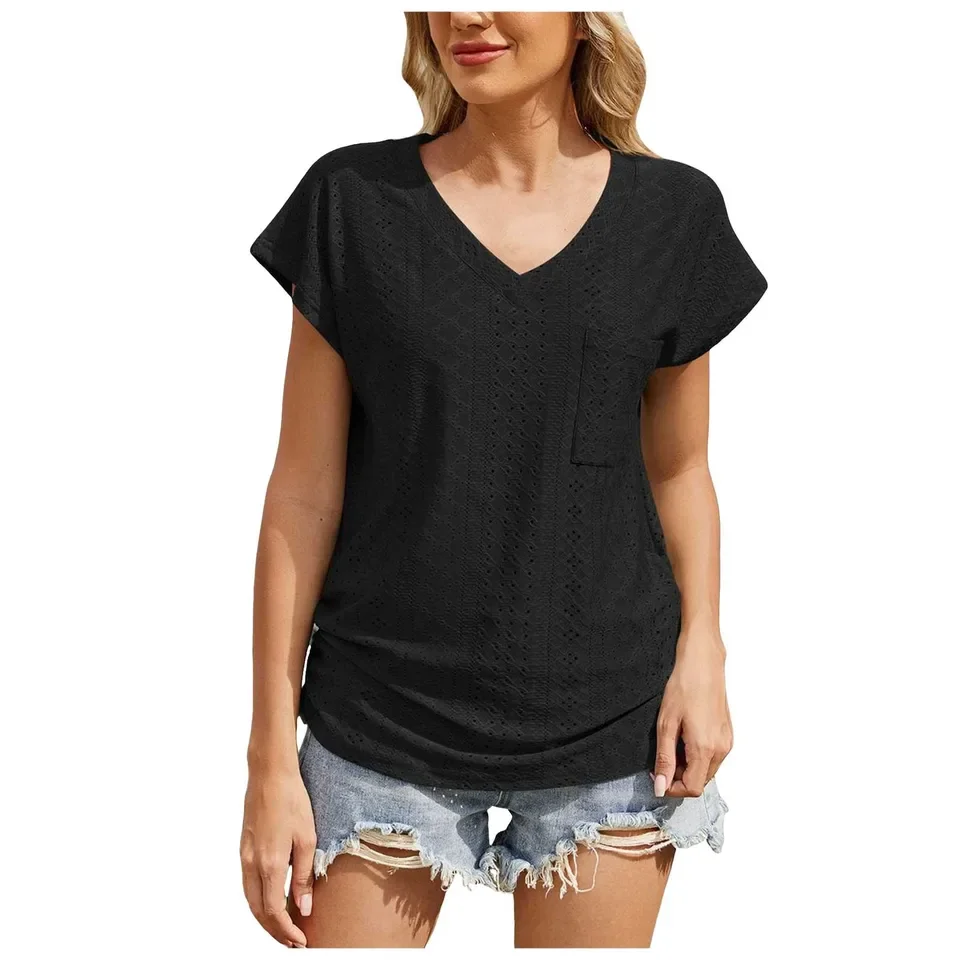 

Hollow Shirt Womens Loose Work Tops Cap Sleeve V Neck T Shirts Casual Loose Basic Tee Summer Jacquard Blouse топ жіночний