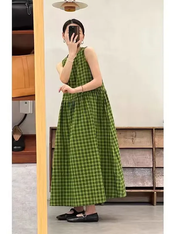 กระโปรงทรงเอวสูงผ้าฝ้ายลายสก็อตสำหรับผู้หญิงไซส์ใหญ่ ดีไซน์สายเดี่ยว ทรงเข้ารูป เหมาะสำหรับใส่ทำงานหรือใส่เที่ยวช่วงฤดูร้อน...