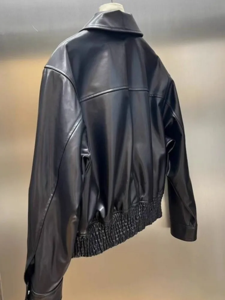 Women Casual Genuine Leather Short Jacket Loose Fit Streetwear Single Breasted High Quality Natural Sheepskin Motorcycle Coat