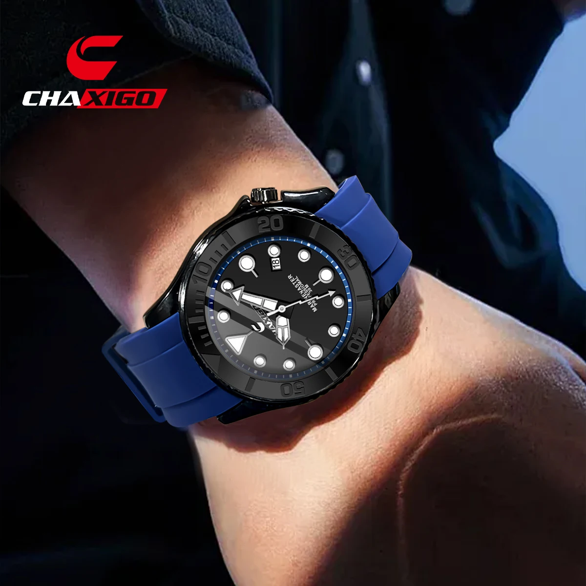 

CHAXIGO unisex fashion sports watch with silicone strap, 41.8mm lightweight luminous display date display, 30m water resistance