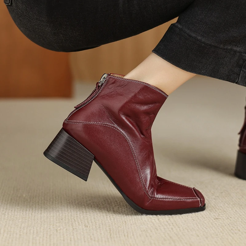Nouvelles Bottes Femme Automne/Hiver 2027 en Cuir Véritable, Chaussures Femme à Bout Carré, Talon Épais, Bottines Courtes Style Western, Chaussures Quotidiennes à Plateforme