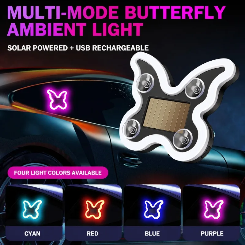 Car Butterfly Window Decor Light Solar Powered Triangular Window Multi-mode Ambient Lamp for Car Rear Side Window