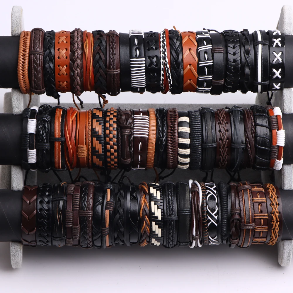 10/20/30/50/100Pcs Vintage Trend Colorful Cowhide Woven Adjustable Leather Bracelets Mens For Holiday Party Best Gifts Wholesale