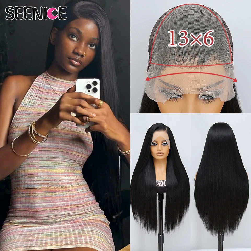 

Ombre Black Straight 13x6 Lace Frontal Wig 30 Inch Long Highlight Synthetic HD Lace Front Wigs Pre Plucked Cosplay Afro Wigs