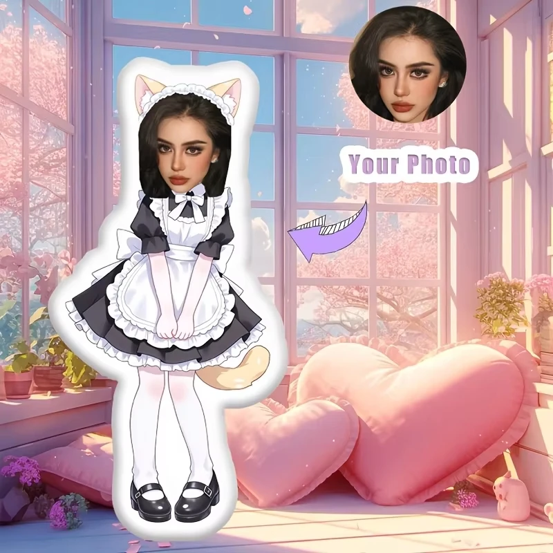 Personalized Cat Ear Maid Irregular Plush Pillow, DIY Custom Face Photo Cartoon Body Throw Cushion Sweet Gift For Girls