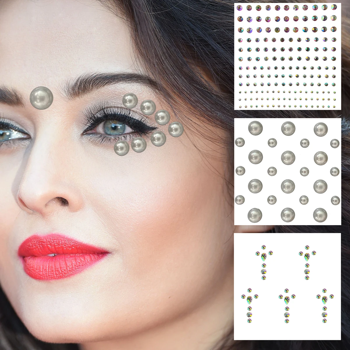 Face Gems Temporary Tattoos Eye Eyeliner Pearl Diamonds Jewels Makeup Sticker Bling Rhinestones Dots Jewelry Party Decoration 3D