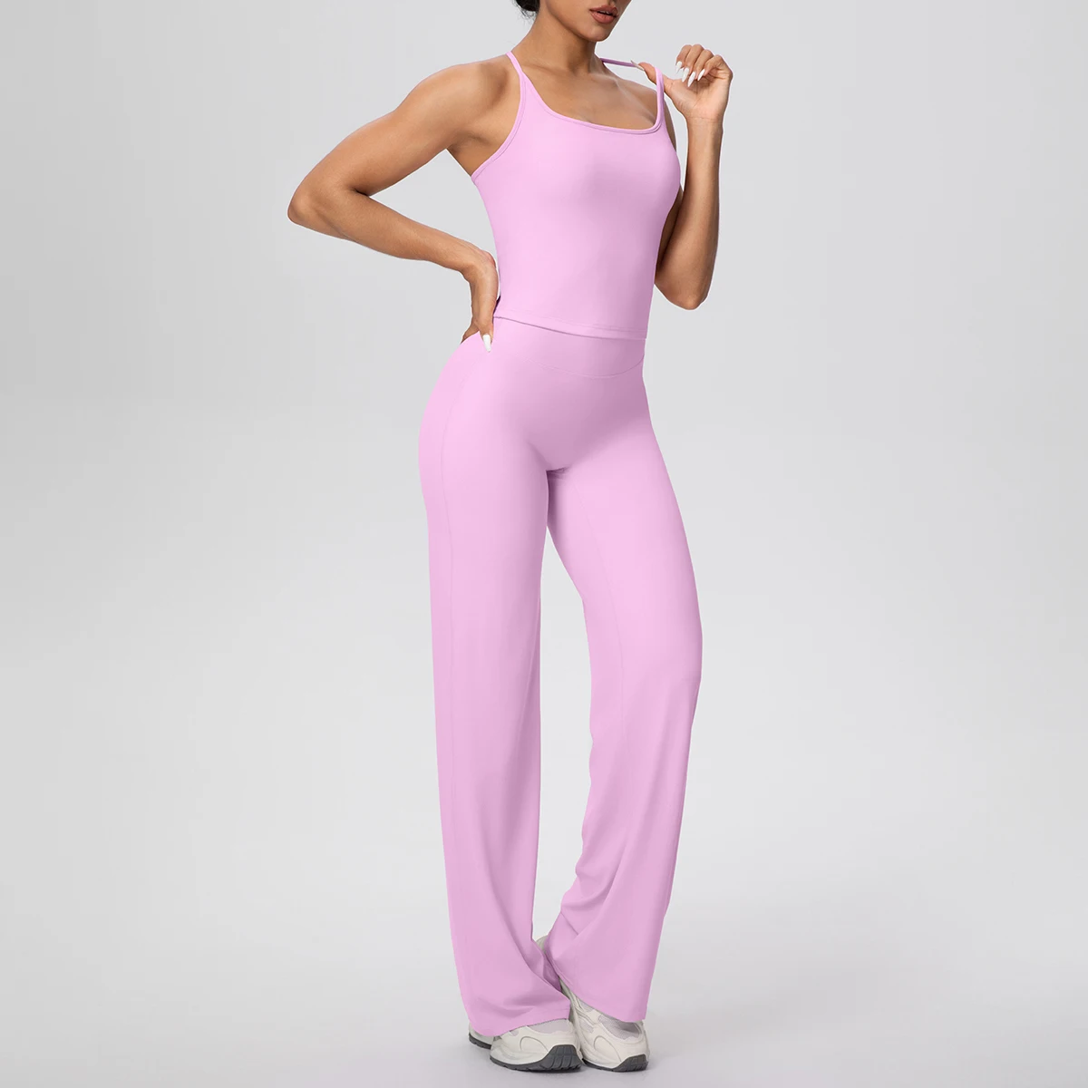 2Pieces/set Sports Fitness Clothing Yoga Set Woman Backless Shock-absorbing Running I-shaped Vest Thin Wide Leg Pants Yoga Set image 3