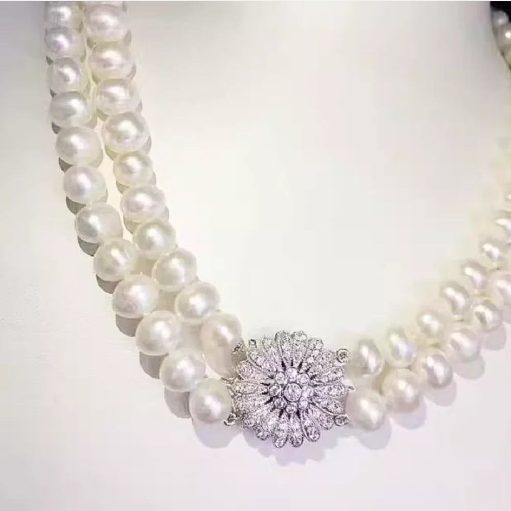 2-row necklace AAAA+8-9 mm natural South  Sea round pearl necklace 18-20inch+3-row bracelet 7.5-8inch 925s set