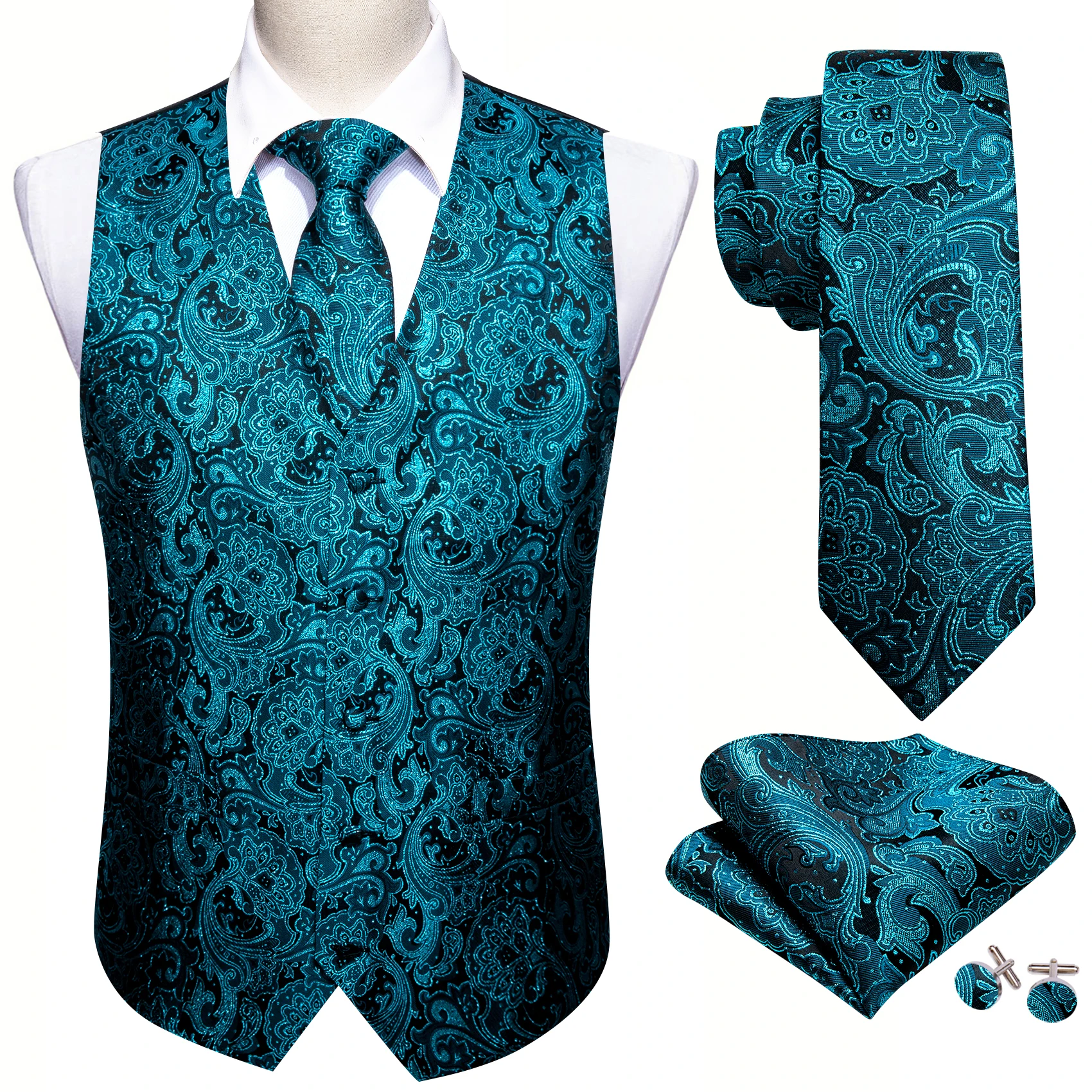 Elegant Mens Suit Vest Silk Green Teal Peacock Blue Turquoise Male Dresss Slim Fit Waistcoat Formal Jacket Gilet Barry Wang