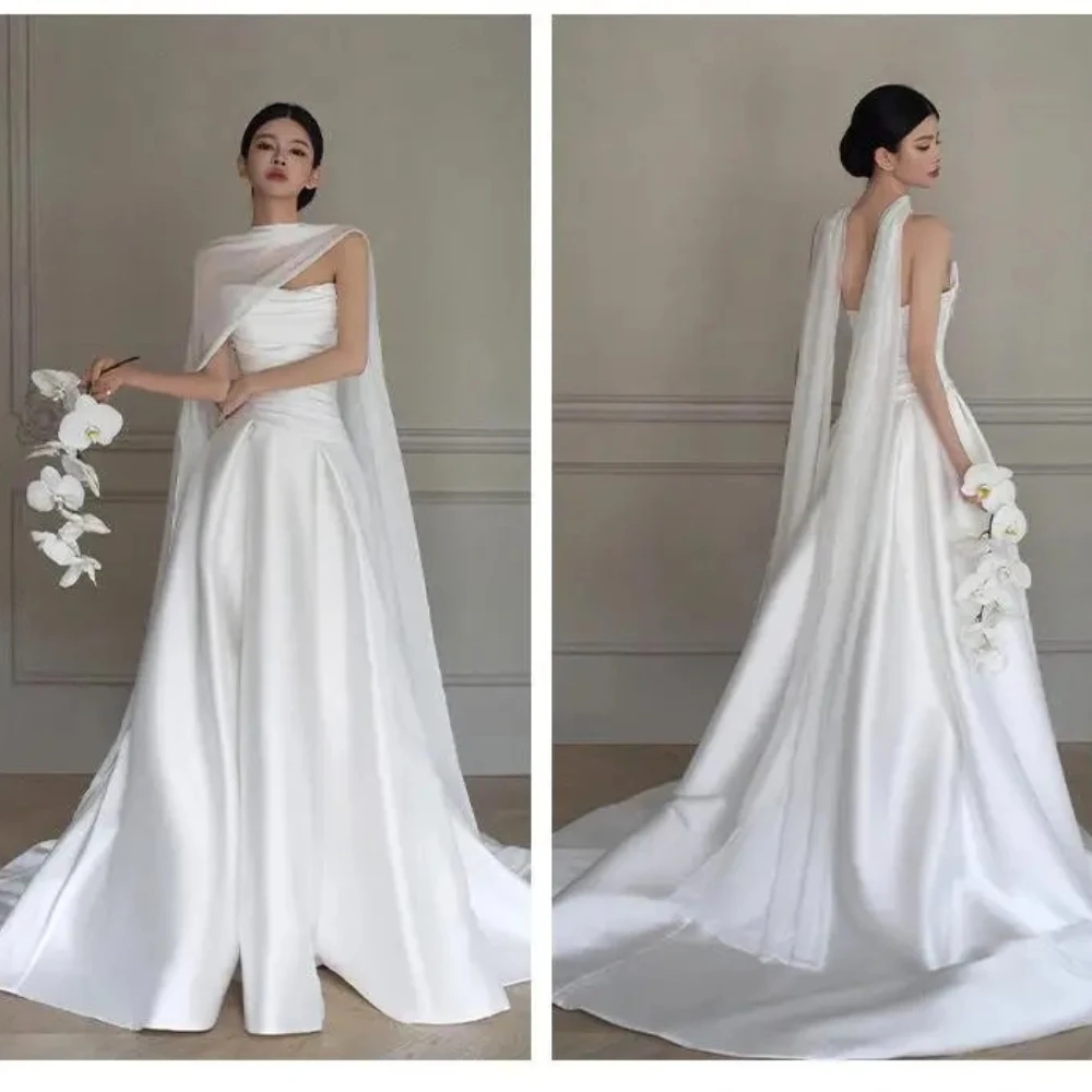 Customized White Satin Light Wedding Dress Women Strapless Small Trailing French Elegant Bridal Evening Dress Vestido De Novia