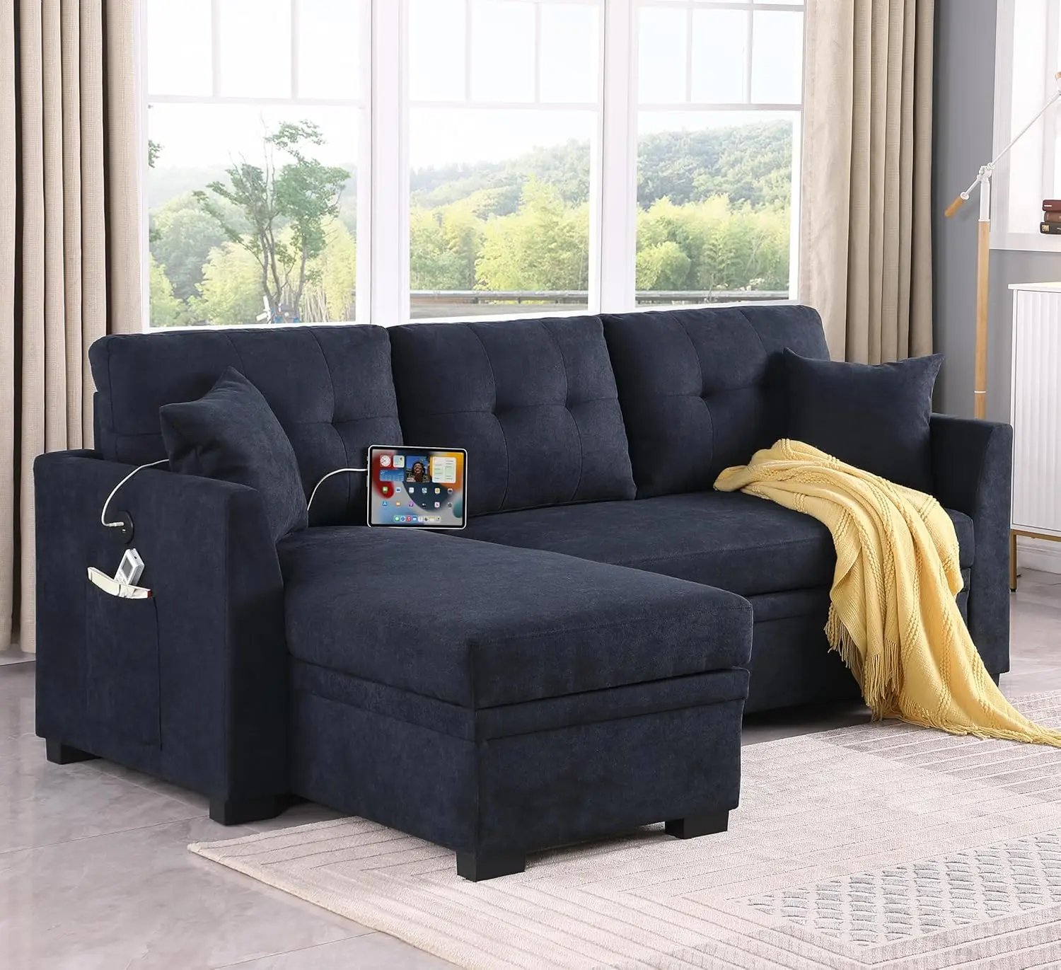 Convertible Pull Out Sleeper Sectional Sofa Couch Bed - L Shaped Corner Lounge Sofa with Dual USB Ports,Side Pockets image 2