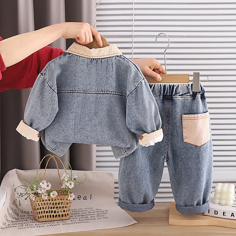 Baby Boys Casual 3pcs Suit Korean Fashion Denim Jacket + Cute Bear Print Top + Elastic Waist Jeans Kids Clothes Set 0-5 Years