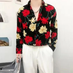 Men Clothing Korean Fashion Floral Print High Street Button Up Shirts Male Vintage Lapel Long Sleeve Loose Streetwear Chic Tops