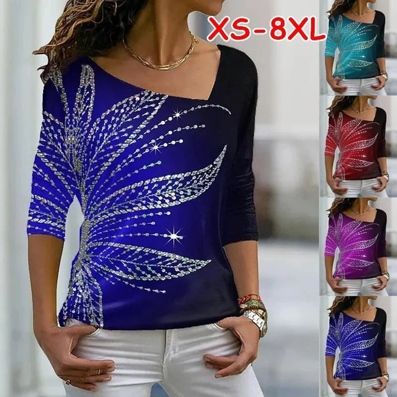 

XS-8XL Women's Fashion Clothes Casual V-neck Long Sleeve Tops Ladies Printed Abstract Blouses Loose T-shirts Pullover Shirts