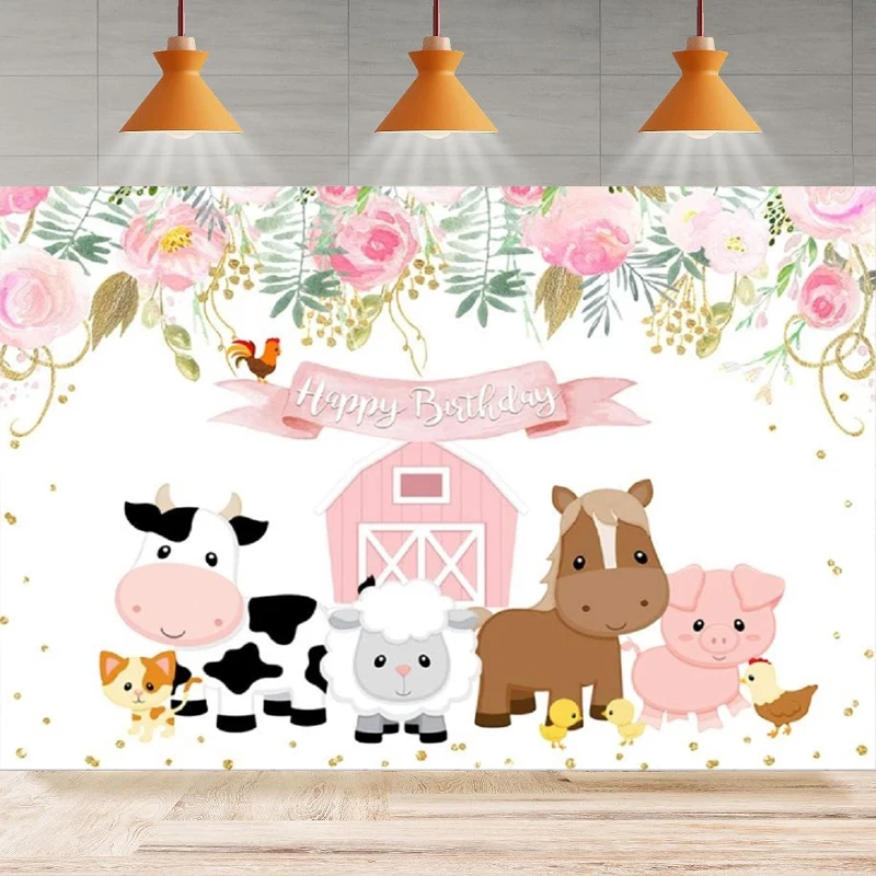 

Pink Farm Animals Photography Backdrop Barnyard Farmhouse Flower Girls Newborn Baby Birthday Party Background Home Decor Banner