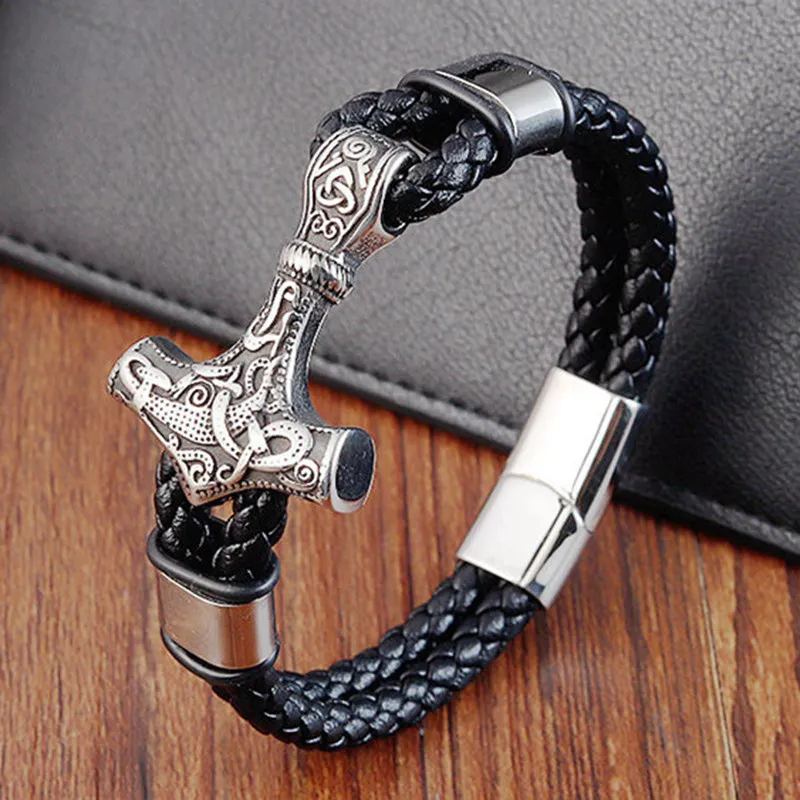 Jewelry Stainless Steel Genuine Leather Bracelets Woven Unique Retro Viking Bracelet Men Black