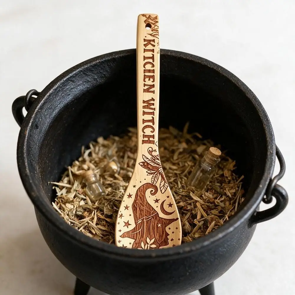 Wooden Halloween Witch Stirring Spoon Laser Engraved Large Size Halloween Witchy Decorative Spoon Broom Witch Cauldron Design