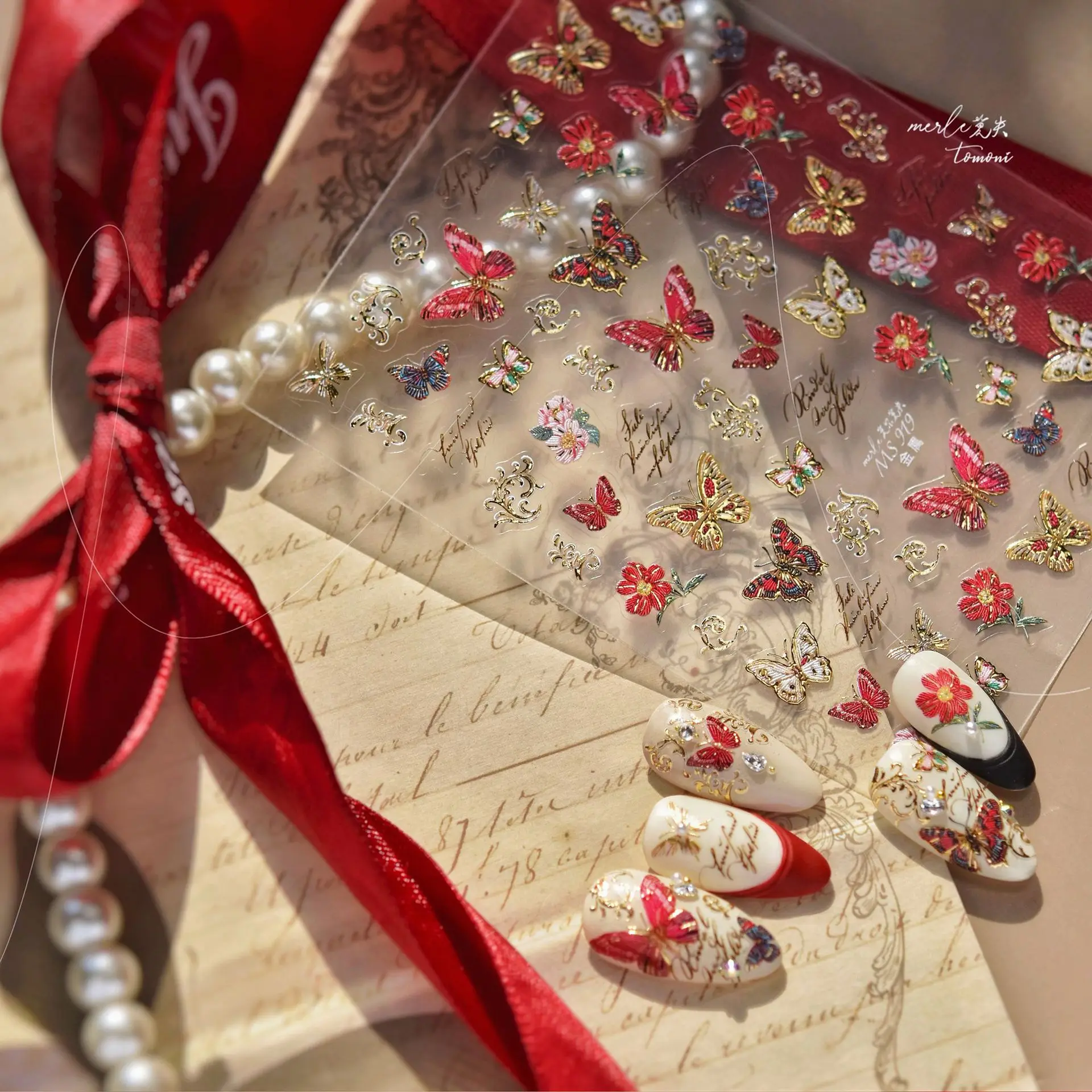 High Quality Wealthy Embroidered Butterfly And Flower With Golden Thread Nail Sticker Nail Art Decal Design Manicure Tool MS-919