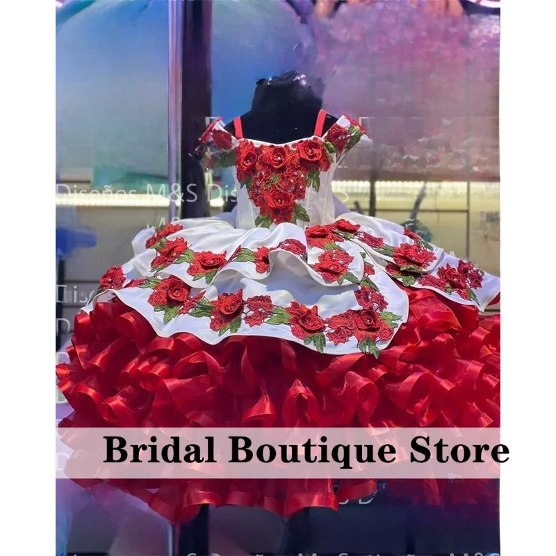 

Red Mexican Flower Girls Dress 2025 Off Shoulder Flower Appliques Pearls Princess Gown For Birthday Ruffles Ball Gown Customized