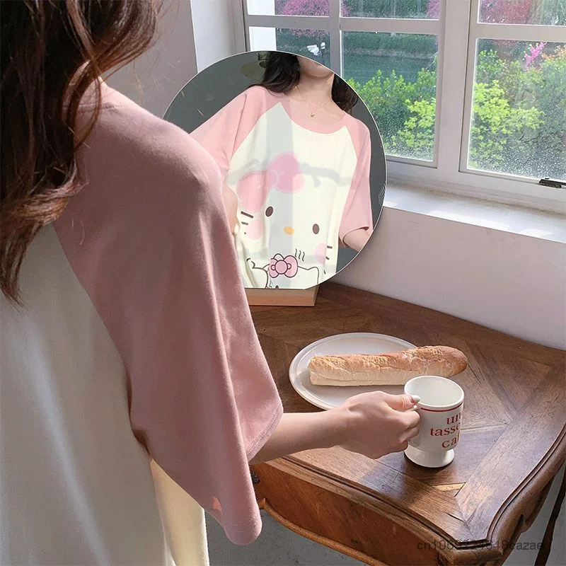 Sanrio Cartoon Summer Cute Dress Women Hello Kitty Short Sleeve Sleepshirts Medium Long Style Nightgowns Y2k Soft Home Clothes