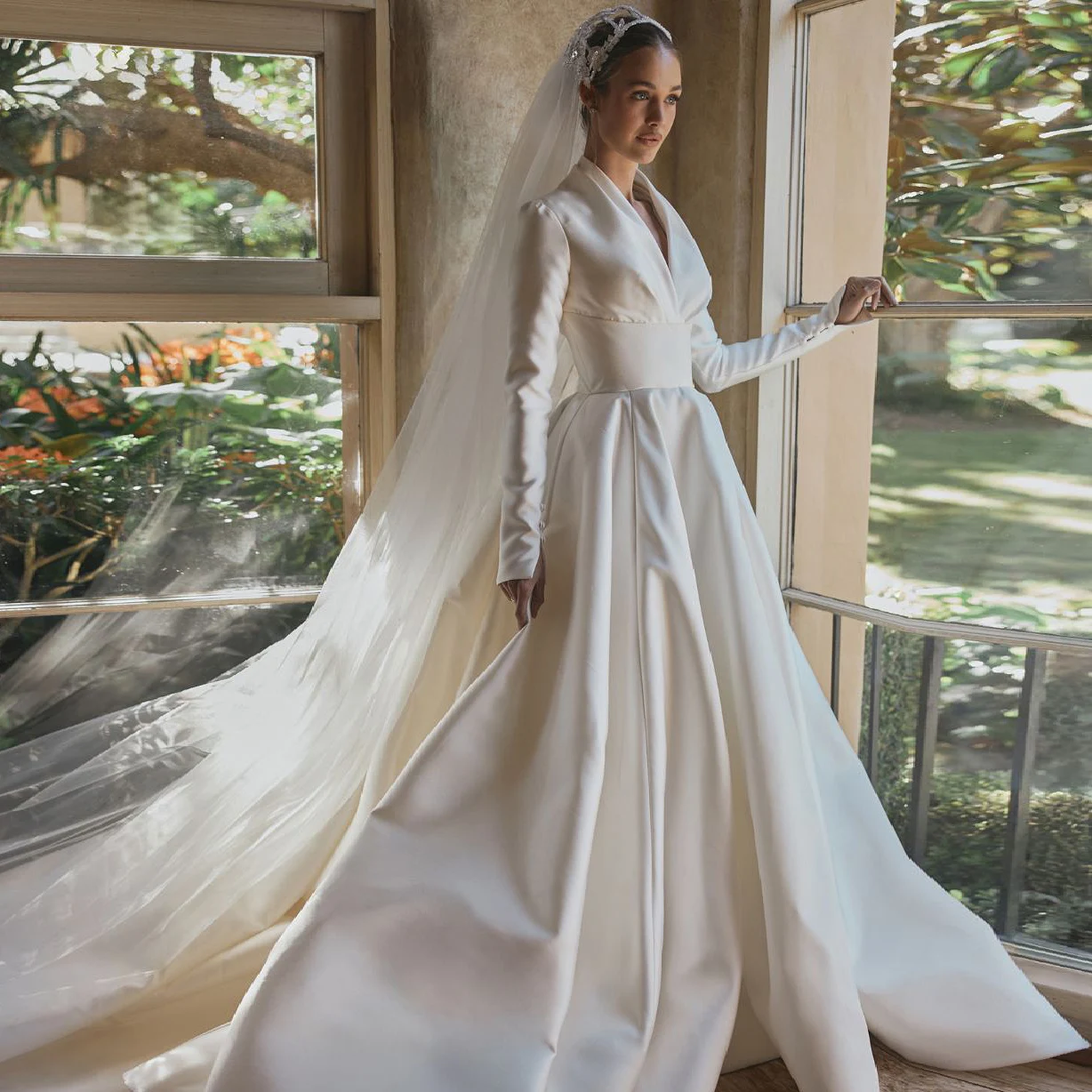 

Sharon Said Elegant Ivory V-Neck Long Sleeves Satin Wedding Dresses with Veil 2026 Romantic Women Bride Gowns SW579 Customized
