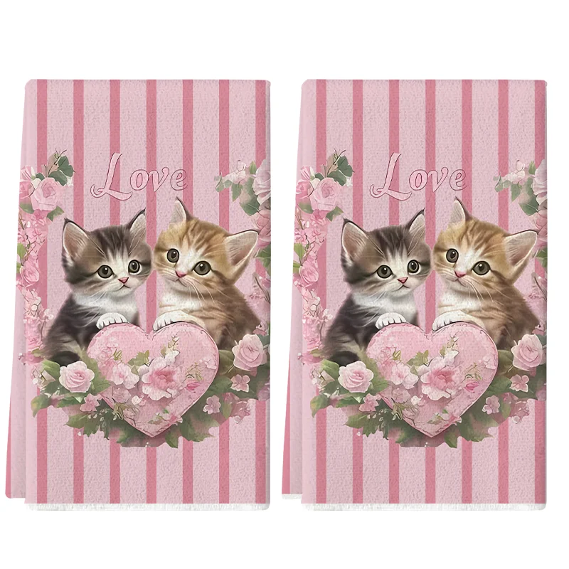 2 Stück rosa gestreifte Valentinstag-Handtücher – Katzenherz-Liebesdesign, 40 x 60 cm, super saugfähige Geschirrtücher für die Inneneinrichtung