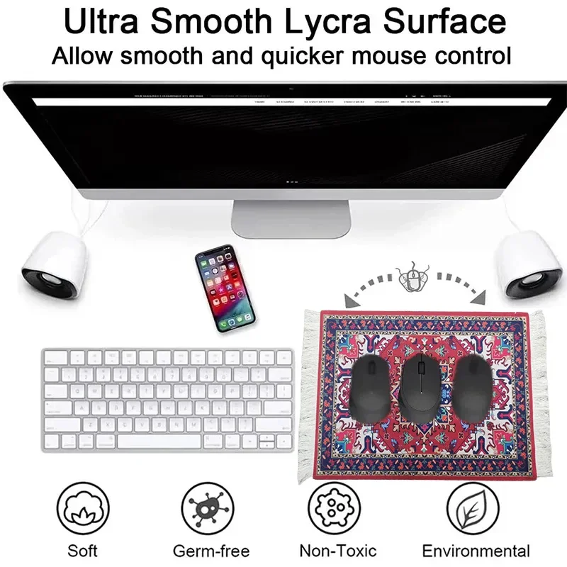 Persian Mini Woven Rug Mat Mousepad Retro Style Carpet Pattern Cup Laptop PC Mouse Pad with Fring Home Office Table Decor Craft