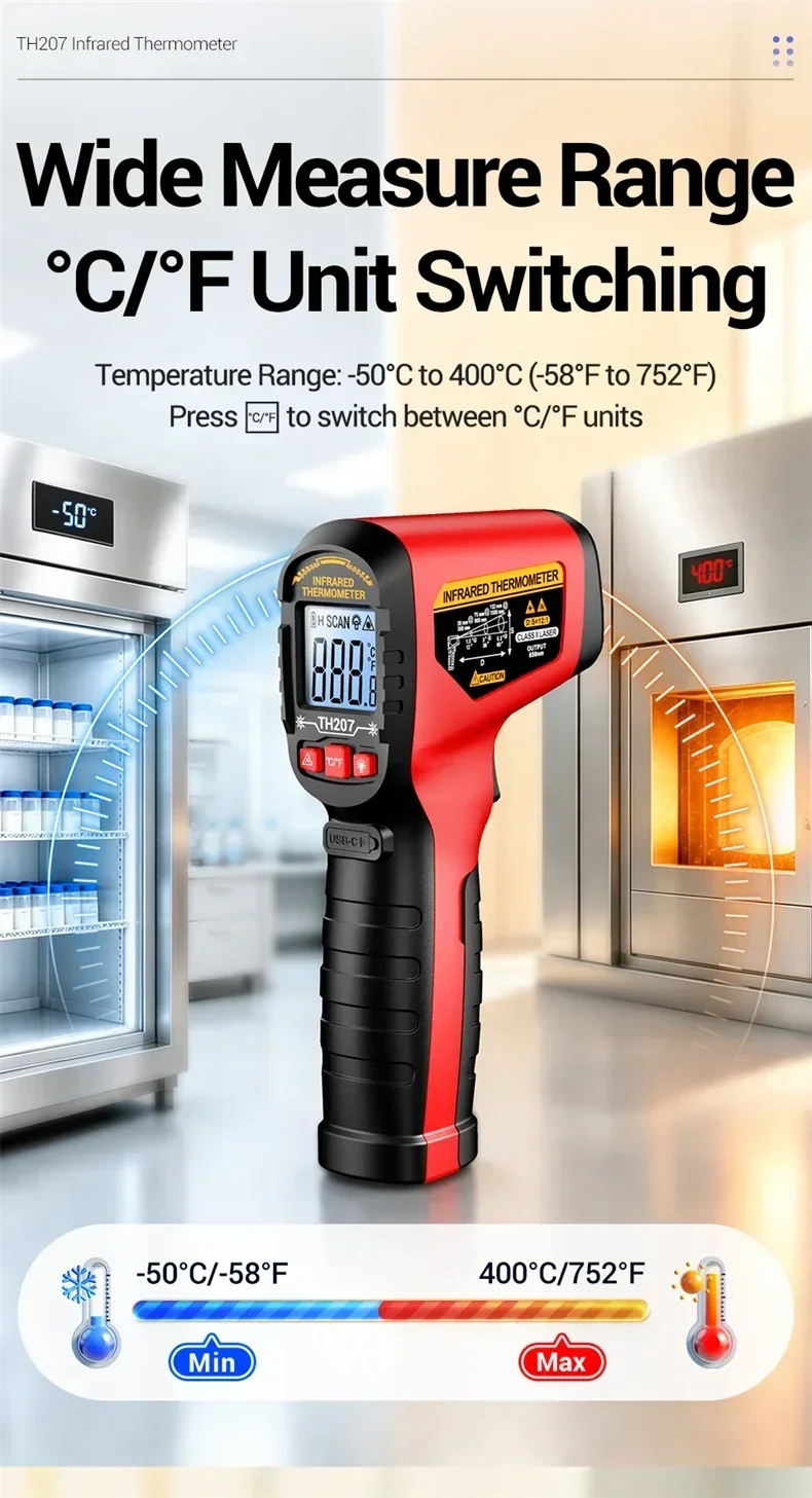 Infrarot-Laserthermometer -50~400 ° C Wiederaufladbares ANENG TH207 Hochsensibles Industriequalitäts-Berührungsloses Digitalprüfgerät – Detail 9