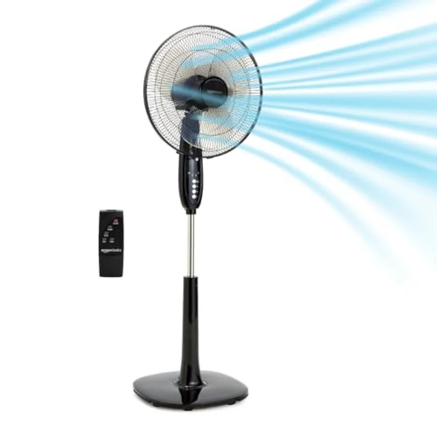 

16 Pedestal Fan with Remote for Bedroom Living Room Office Adjustable Height Dual-Layered Blades 3 Speeds 3 Modes Timer Tilt He