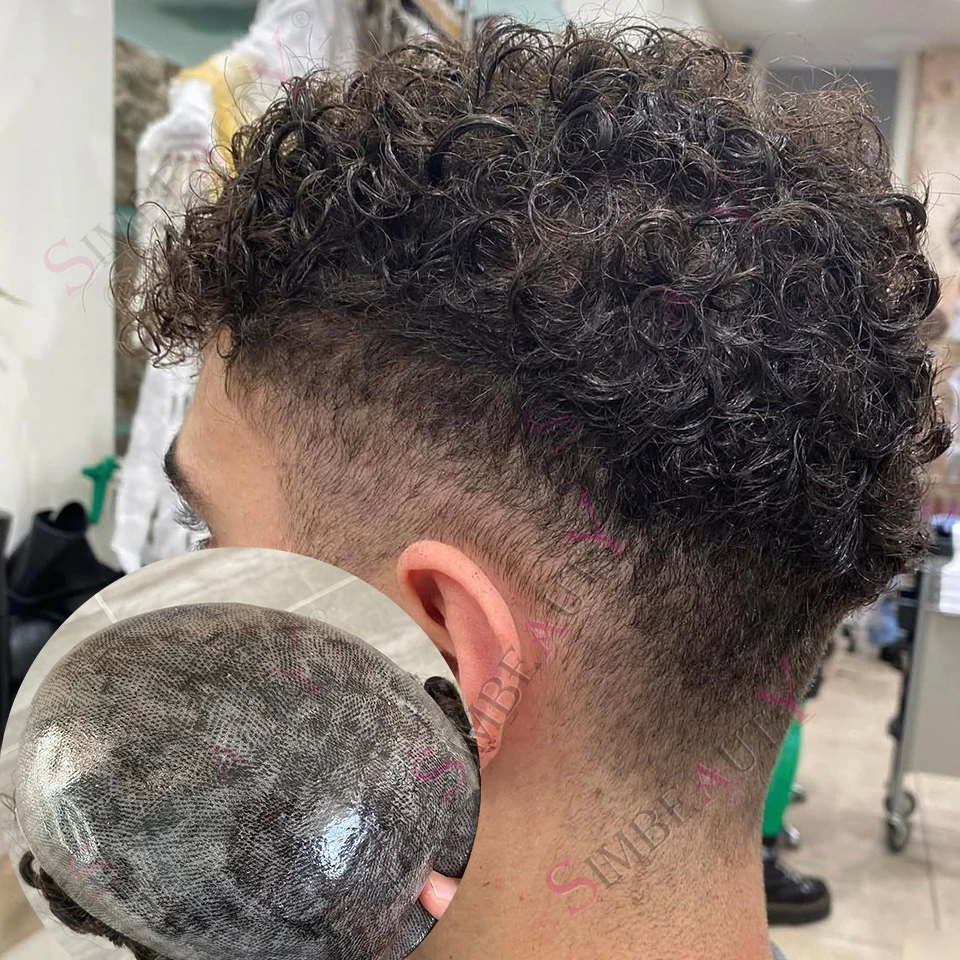 شعر مستعار أفرو 18 ملم مجعد للغاية ومتين وقابل للإدارة بالكامل للرجال من البولي يوريثان # 1b شعر بشري بني ورمادي أسود شعري