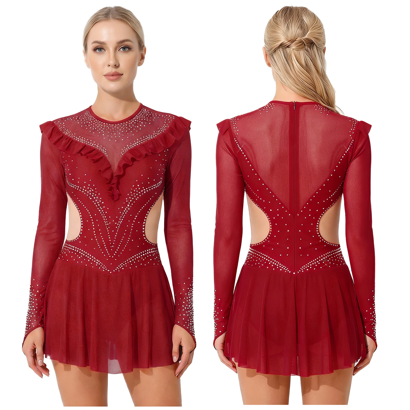 

Womens Gymnastics Artistic Figure Ice Skating Ballet Lyrical Dance Leotards Dress Rhinestone Mesh Ruffled Trims Leotard Jumpsuit