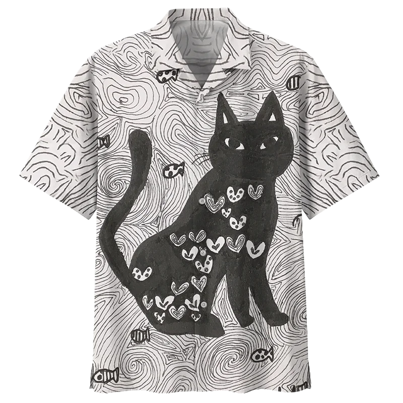 Camisa havaiana do padrão bonito do gato dos homens, 3D impresso animal mangas curtas, camisas soltas de lapela, verão rua Y2k botão blusas