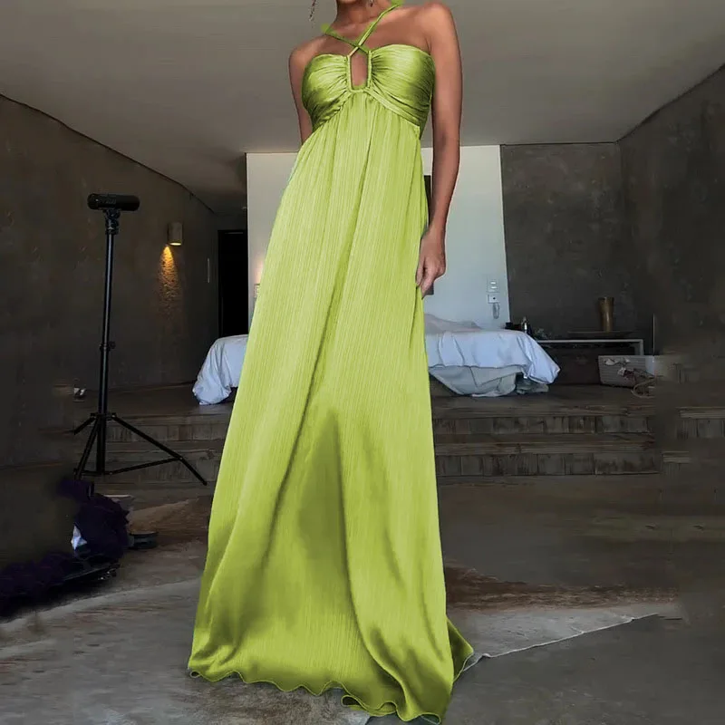 Robe longue plissée à col licou pour femmes, tenue d'été élégante, épaules dénudées, couleur unie, Maxi, taille haute, dos nu, à lacets, robe de Banquet