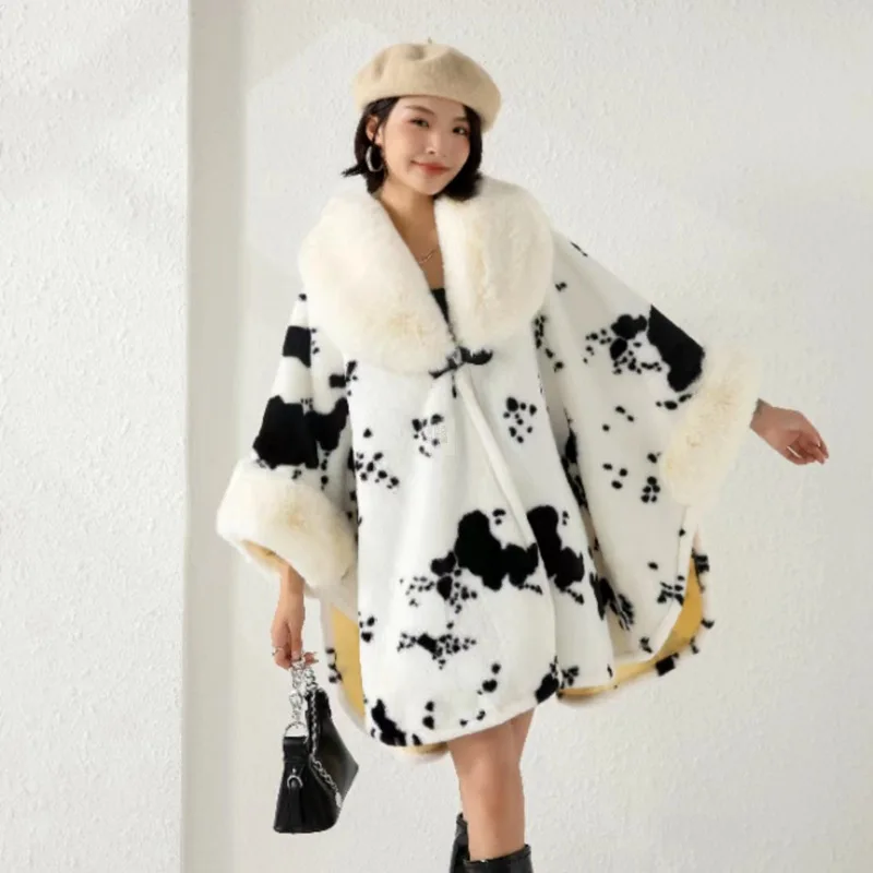 2024 Women Circle Faux Rabbit Fur Neck Winter Cape Thick Warm Leopard Printed Cloak Batwing Sleeves Loose Streetwear Overcoat