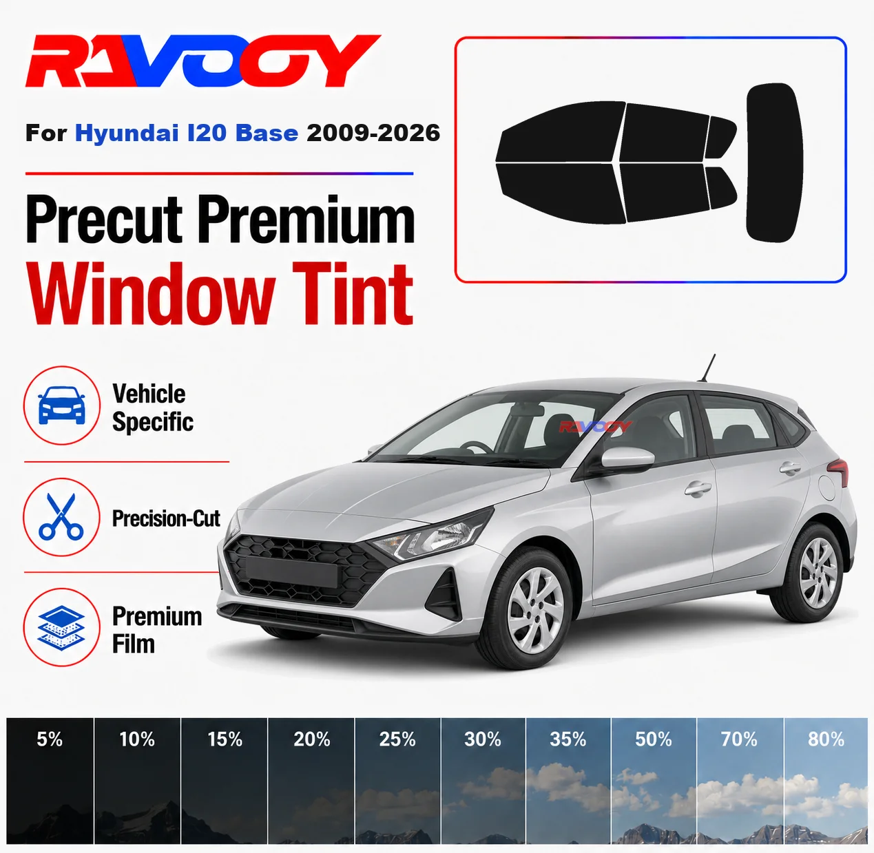 Premium Precut Window Tint Kit Front Rear Windows Rear Windshield For Hyundai I20 Base 2009-2026 Complete Set Nano Ceramic Film