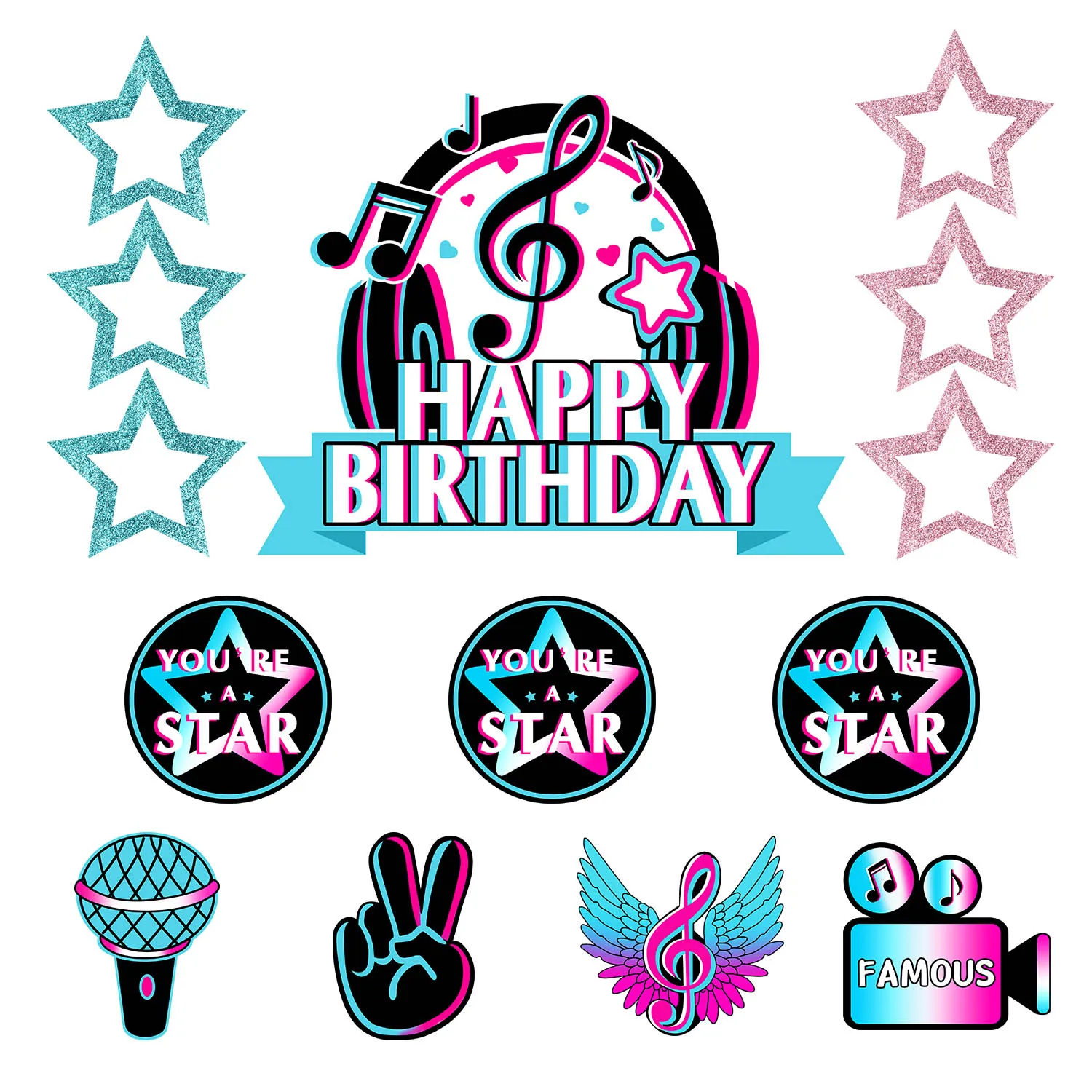 Musik-Kuchenaufsatz-Set, STERN BERÜHMTE, musikalische Geburtstagsparty-Kuchendekorationen für Musik, Karaoke-Thema, Geburtstagsparty-Zubehör – Detail 8