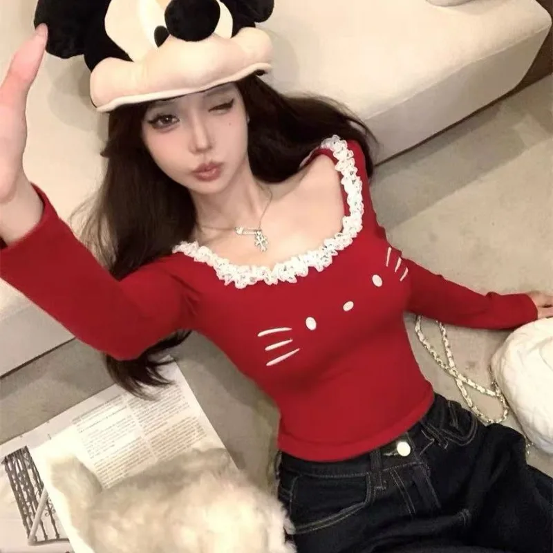 

Женская футболка с квадратным вырезом и длинными рукавами Hello Kitty, красная, с вышивкой, облегающая, осенняя, повседневная, в стиле Y2K, женская одежда