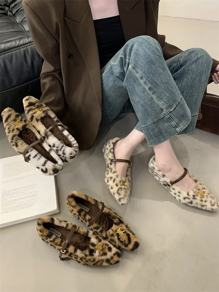 Increased Internal Female Shoes Shallow Plush Slippers For Adults Winter Footwear 2024 Fur Leopard Mary Janes leopard Retro