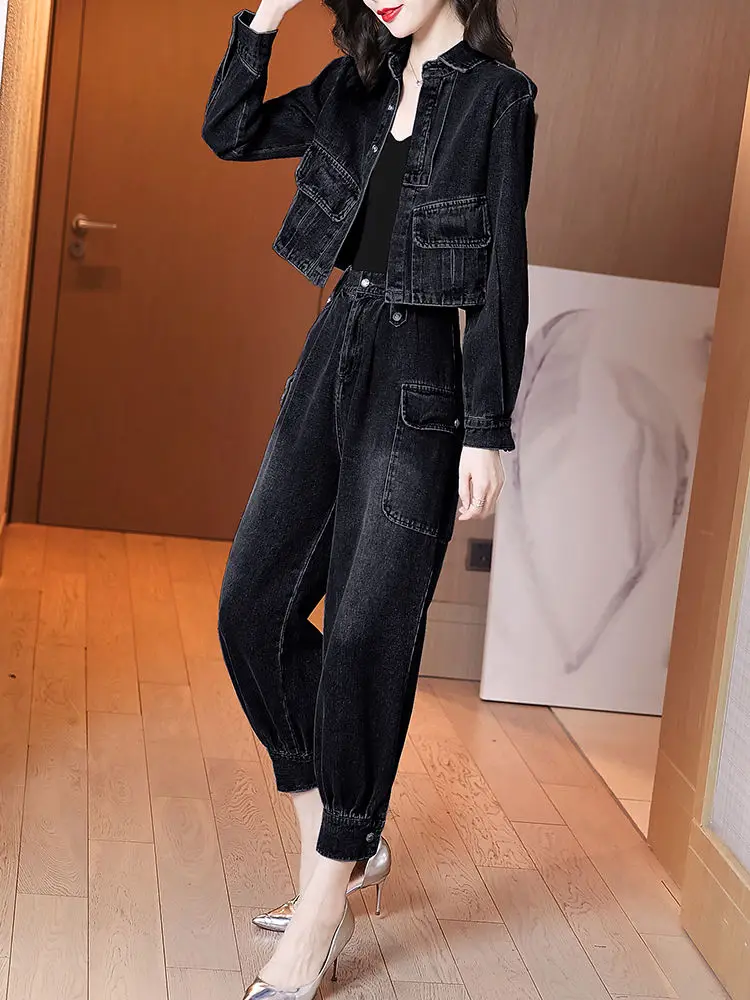 

Women Denim Two Piece Set Female Jeans Suit 2024 Spring Autumn New Female Cowboy Short Top + Harlan Pants Workwear 2 Piece Sets