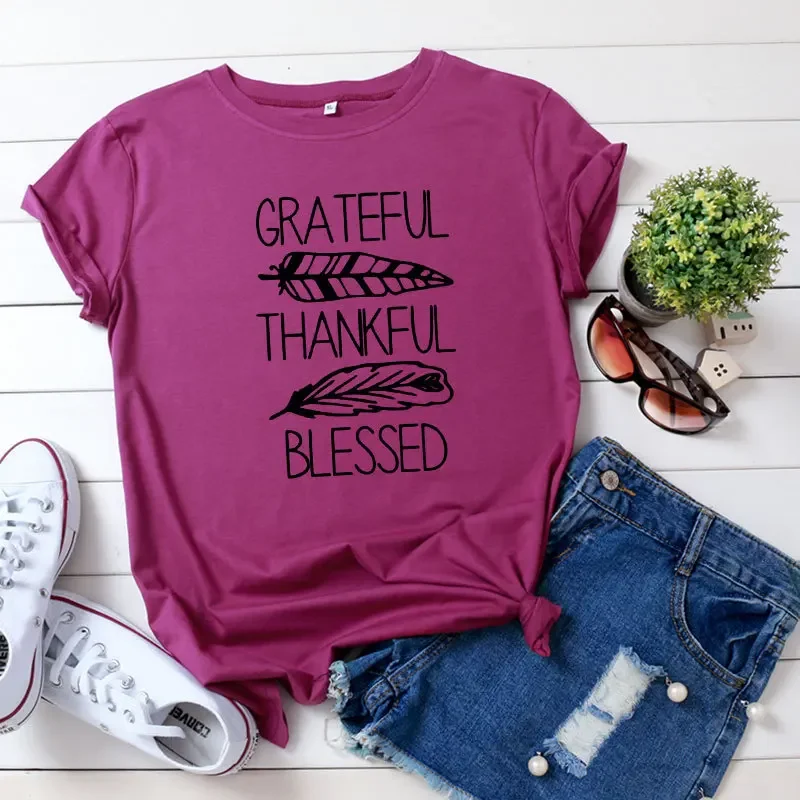 Women T Shirt Grateful Thankful Feather Print Short Sleeve Tee O Neck Loose Women T-shirt Ladies Tops Camisetas Mujer Shirt