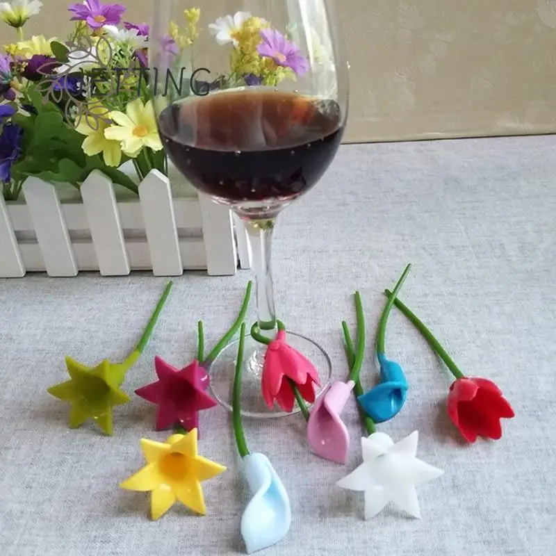 

6pcs Flowers Wine Cup Marker Silicone Label Party Dedicated Glass Cup Recognizer Tools for Wine Glass (Random)