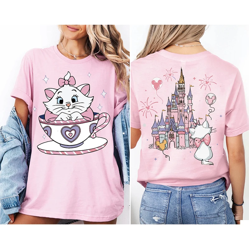 2025 ฤดูร้อนใหม่ Aristocats การ์ตูนอะนิเมะพิมพ์เสื้อยืดผู้หญิงแฟชั่น Casual เสื้อยืด Mary Cat Crazy Teacup Party เสื้อ