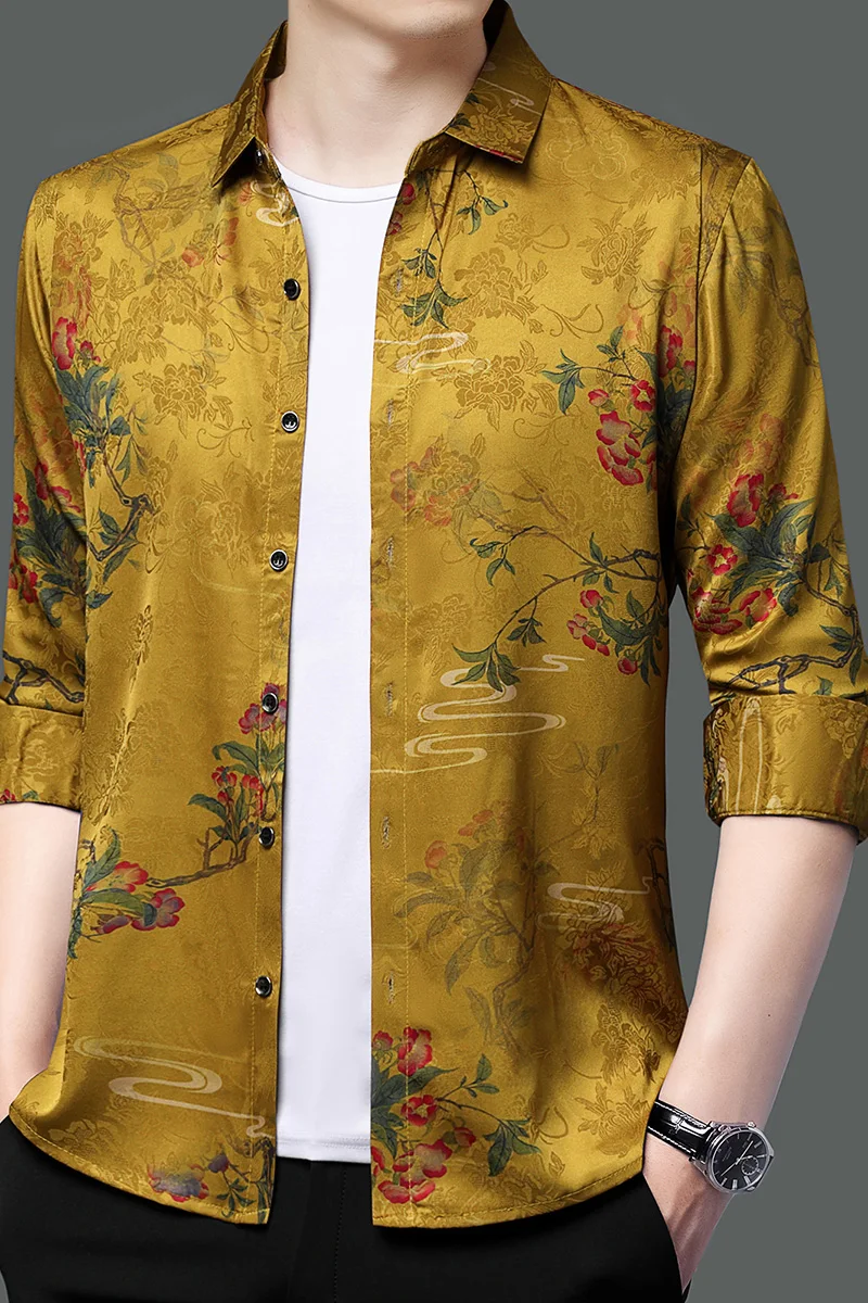 Gold Flowers Silk Stretch Clothing For Mens Fashionable Smooth Elastic Satin Blouse Large Size Fancy Soft Husband Wear Cozy Top