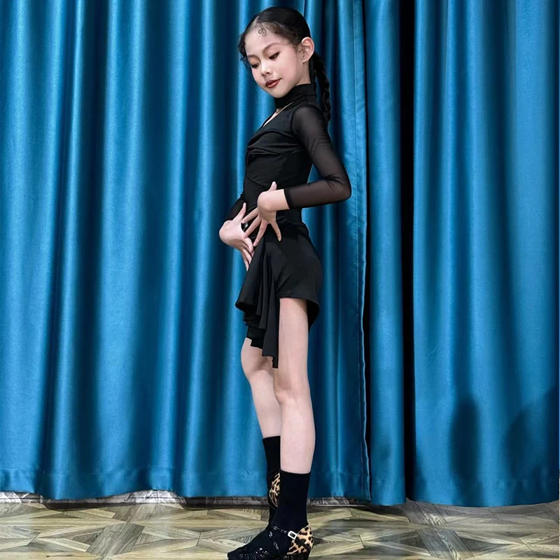 

Children's Blue Latin Dance Dress - Girl's Long Sleeved Samba & Cha Cha Practice Outfit Set