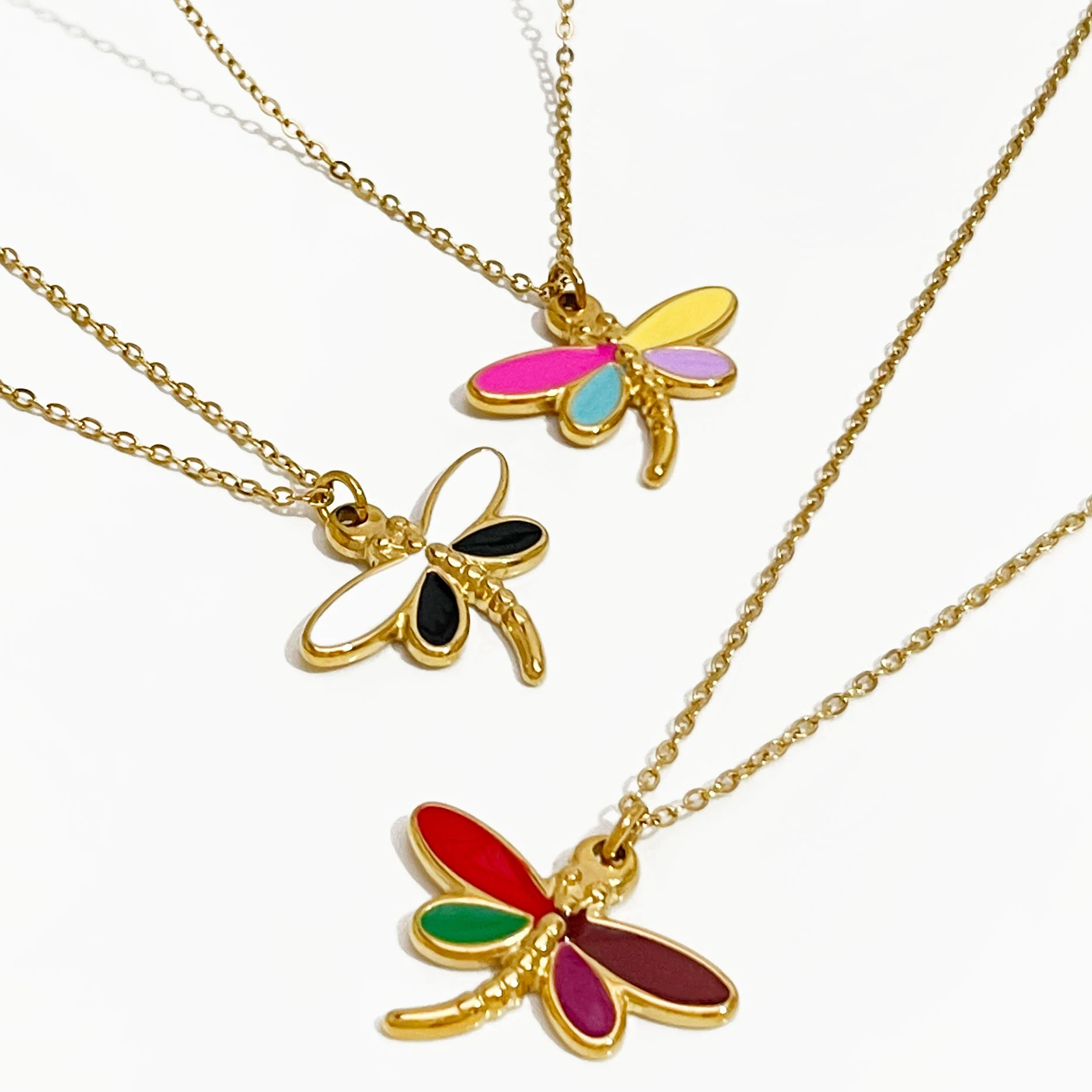 Peri'sbox Stainless Steel Gold Plated Enamel Dragonfly Charm Necklace Jewelry for Women Dainty Insect Pendant Christmas Gifts