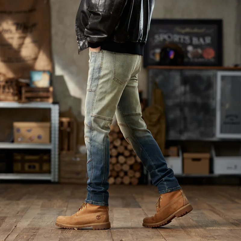 خمر الجينز العصرية للدراجات النارية الرجال، العصرية المرقعة كتلة اللون الراقية السراويل نحيل الموضة