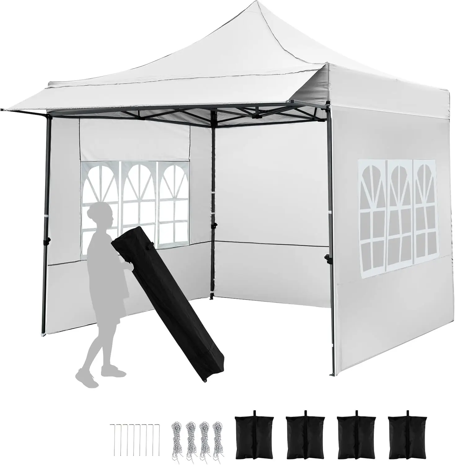 

10x10 FT Pop Up Canopy, Outdoor Tent with 3 Sidewalls & Awning, Wheeled Bag, 4 Sandbags, 8 Stake, 4 Ropes, Portable Canopy Te