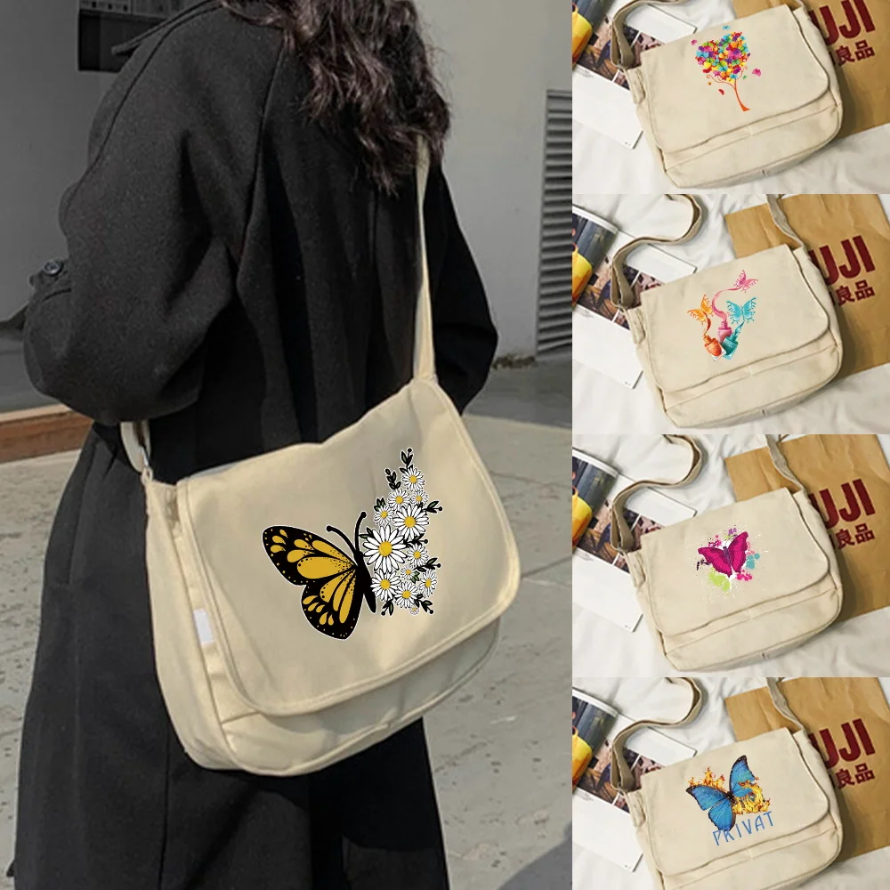 

Butterfly Canvas Shoulder Crossbody Bag for Women 2025 Cotton Cloth Student Satchels Unisex Crossbody Large Woman Messenger Bags